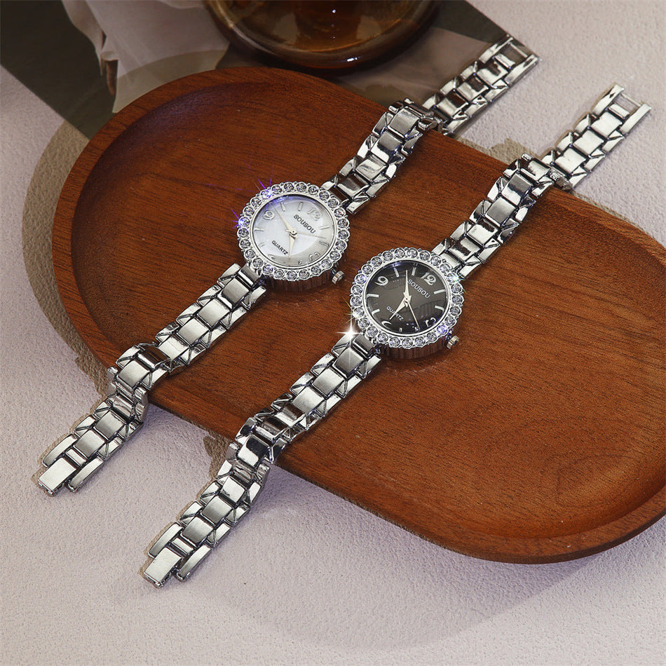 Diamond-Accented Women’s Quartz Watch Thin Alloy Strap