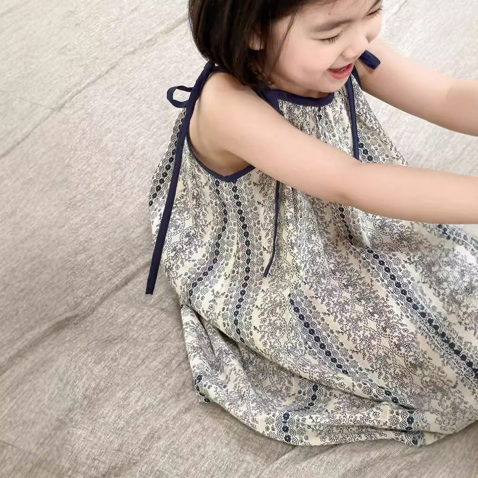 Girls' Floral Lace-Up Dress – 2024 Korean Summer Style