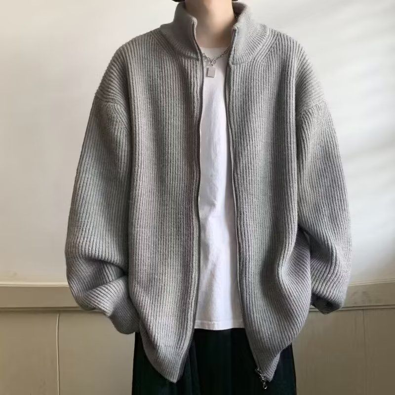 Men’s Zipper Knit Cardigan – Retro Japanese Loose Style