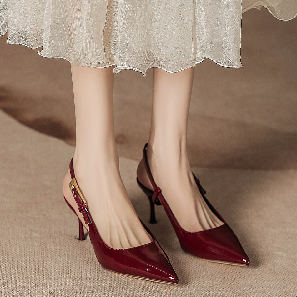 Women Red Patent Leather Metal Stiletto Pointed Toe