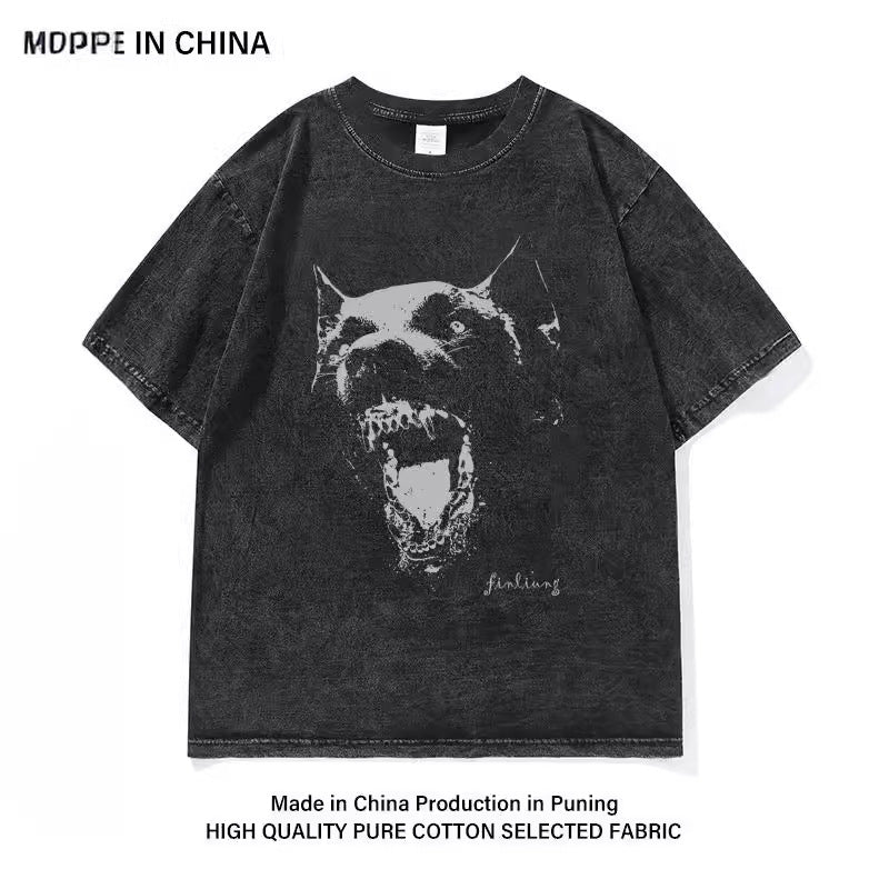 Vintage Wolf Print Tee – Washed Cotton & Loose Fit