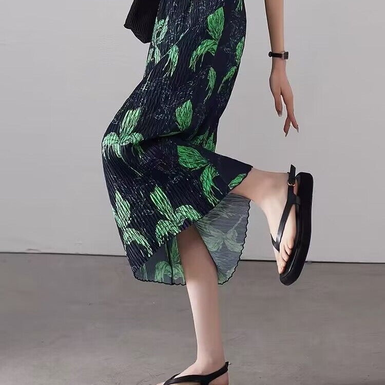High-Waist Slimming Printed Pleated Skirt for Women