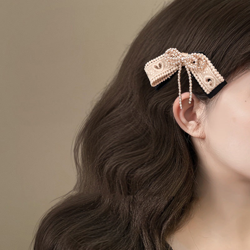 Pearl Lace Bow Duck Hair Clip for Women