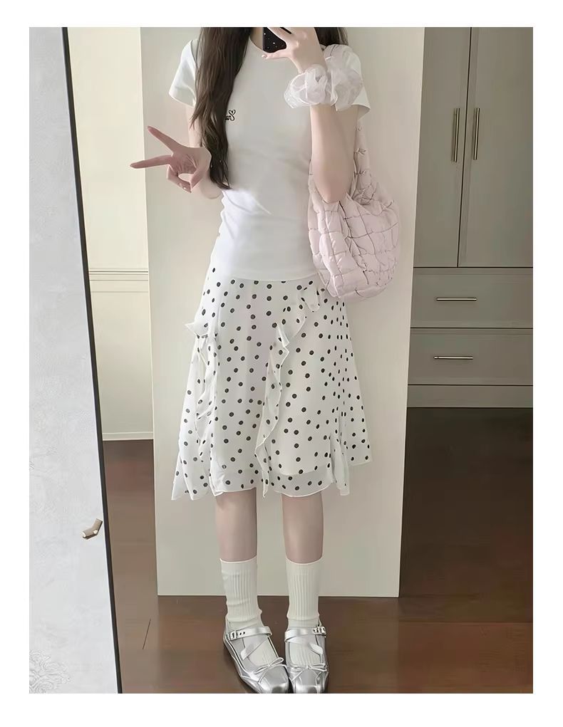 High-Waisted Polka Dot Ruffled A-Line Midi Skirt Women Vintage