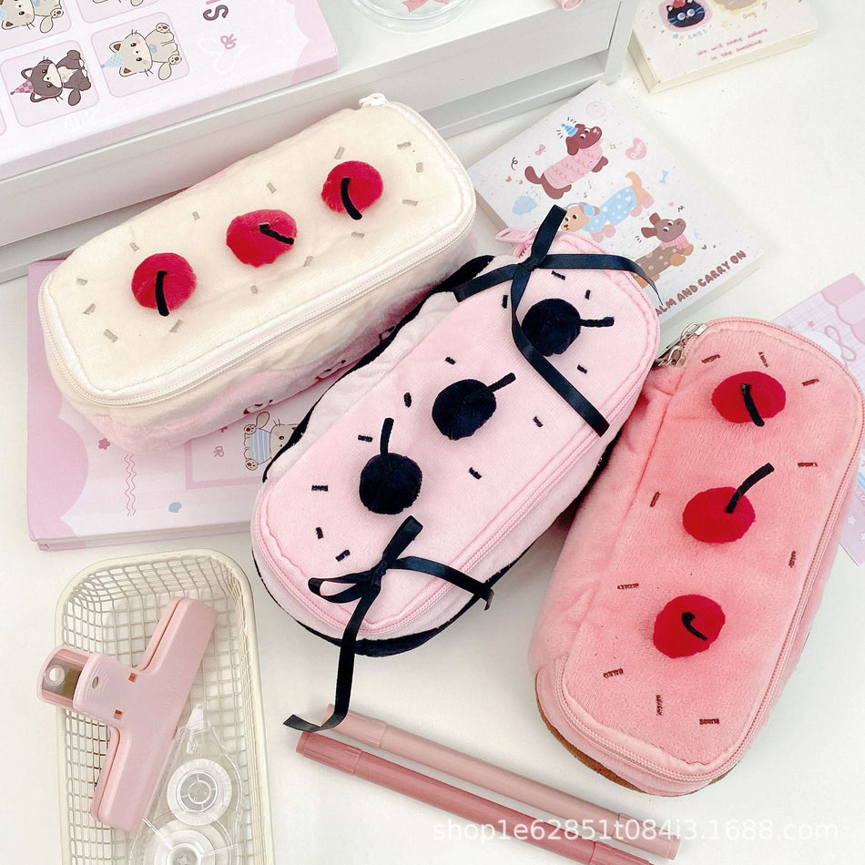 Cute Cherry Cake Plush Pencil Bag – Large Capacity Stationery &