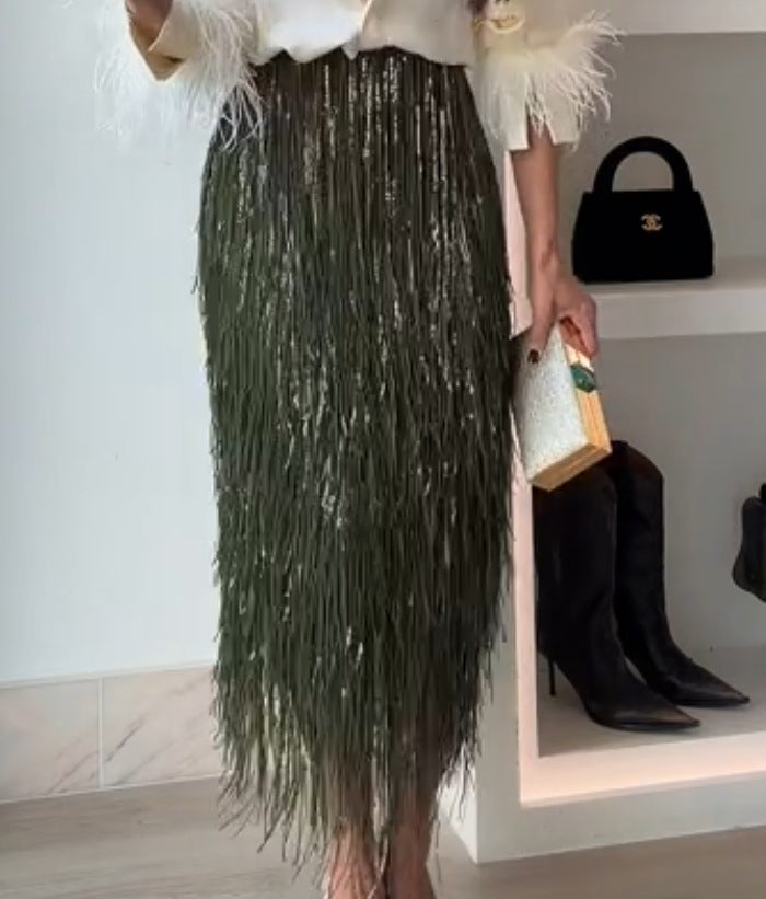 2026 Sequin Tassel Skirt Suit - INS Two-Piece Long-Sleeved Party
