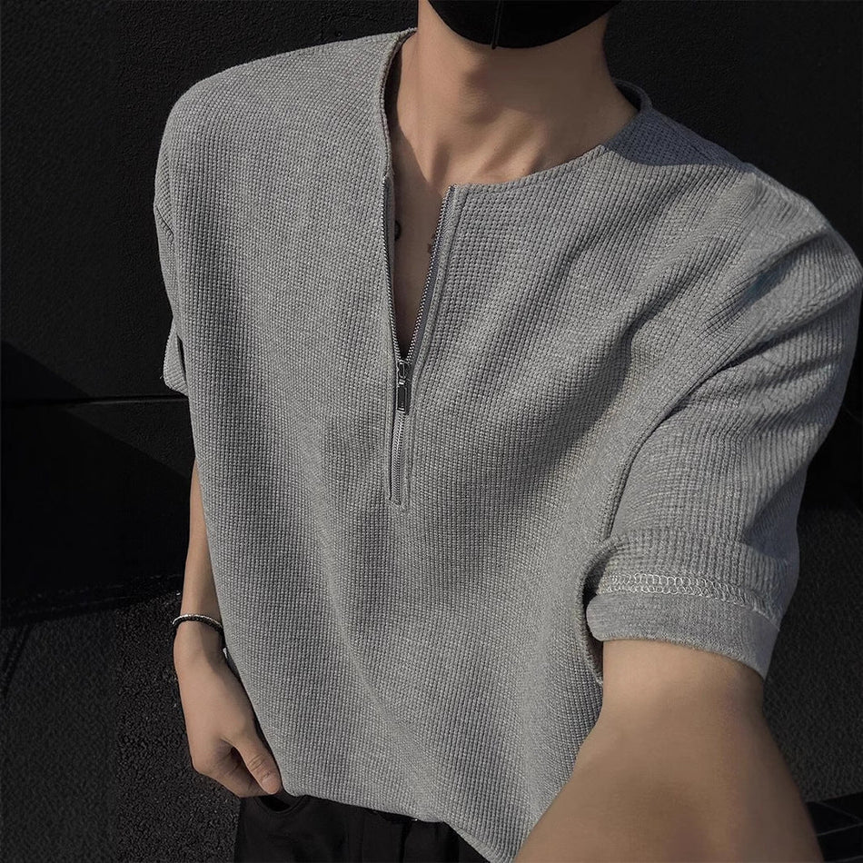 Men’s Henley Collar Half-Zip Waffle Summer T-Shirt