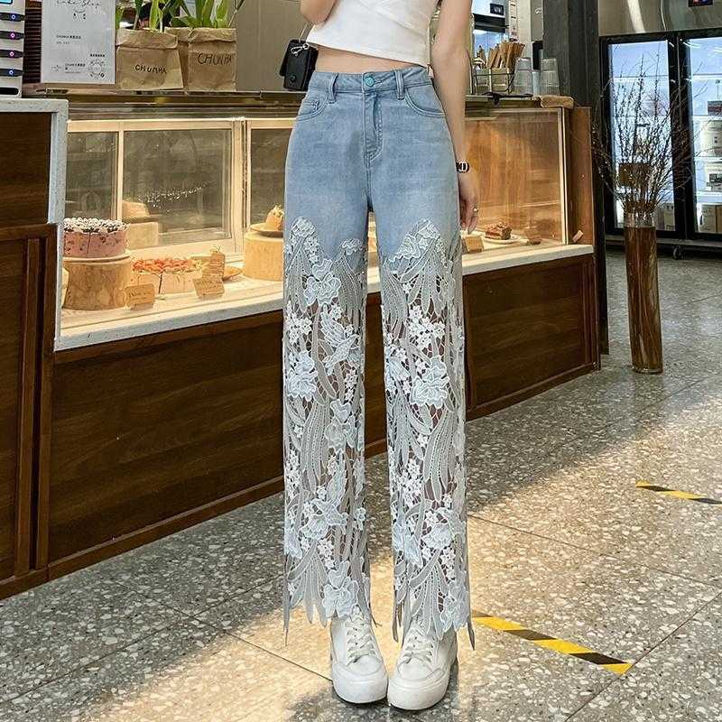 Lace Stitching Retro Slim Straight Jeans