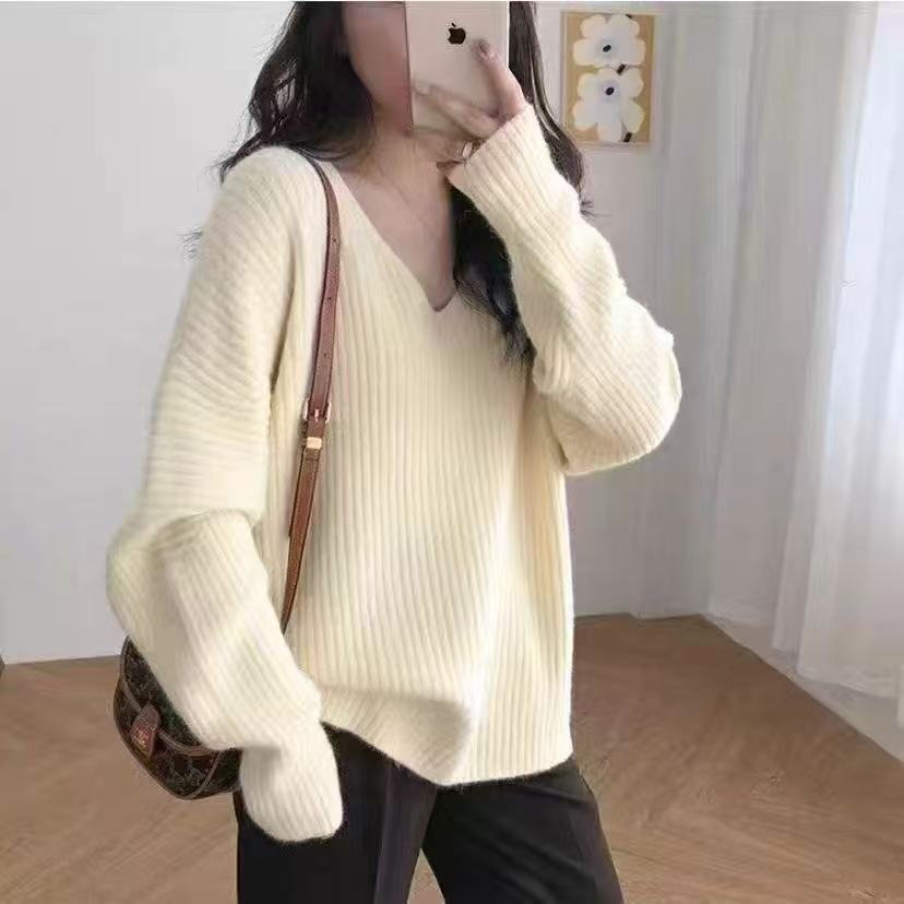 Korean V-Neck Knit Sweater – Loose Striped