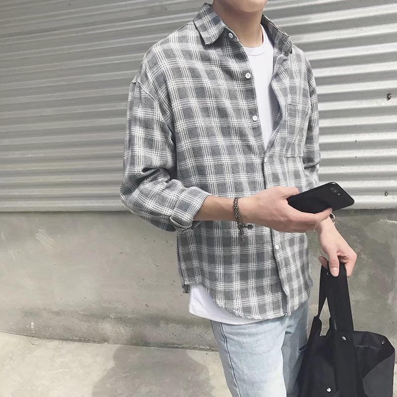 Men’s Hong Kong-Style Plaid Long-Sleeve Shirt