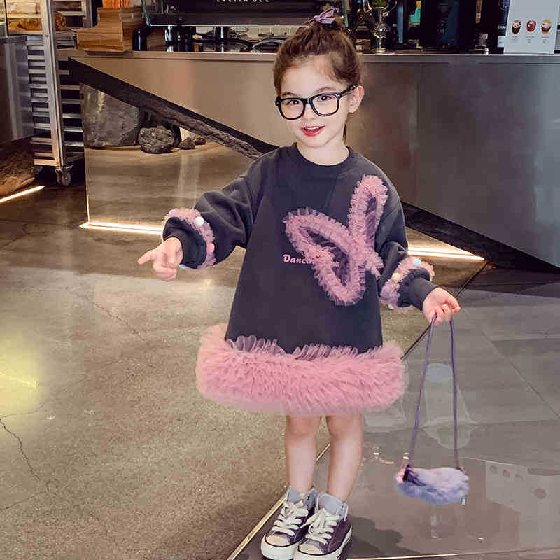 STOCK-Girls' Autumn Sweater Dress – Mesh Princess Style 2024