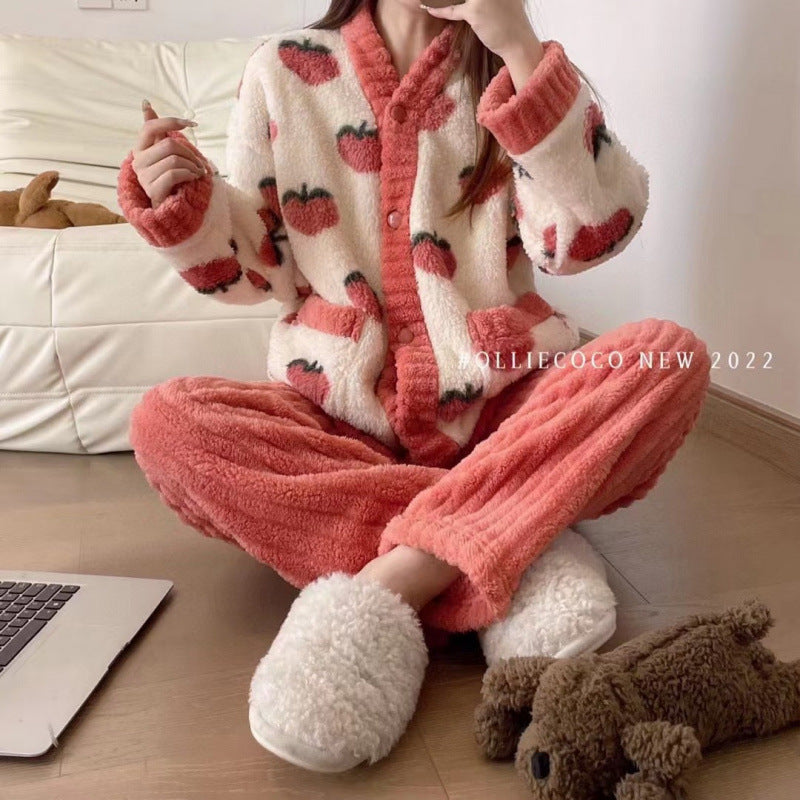 Peach Coral Velvet Pajamas Sweet Warm Set