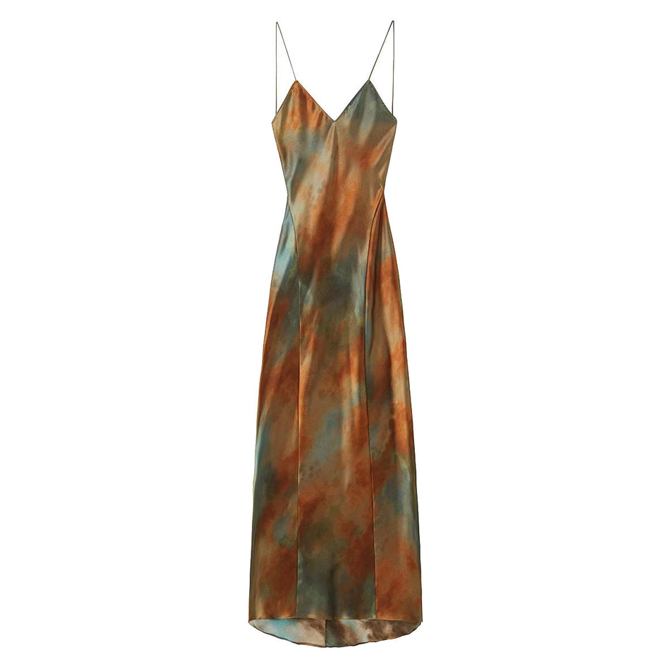 INSTOCK- Silk Satin Backless Printed Dress – European Style