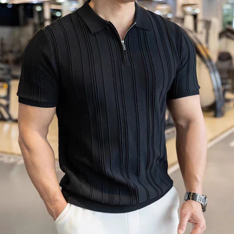 STOCK-Men's Summer Half-Zip Short-Sleeved Slim Pure Color Lapel
