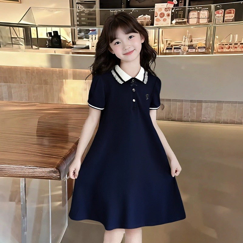 Girls’ College Style Polo Collar Summer Dress