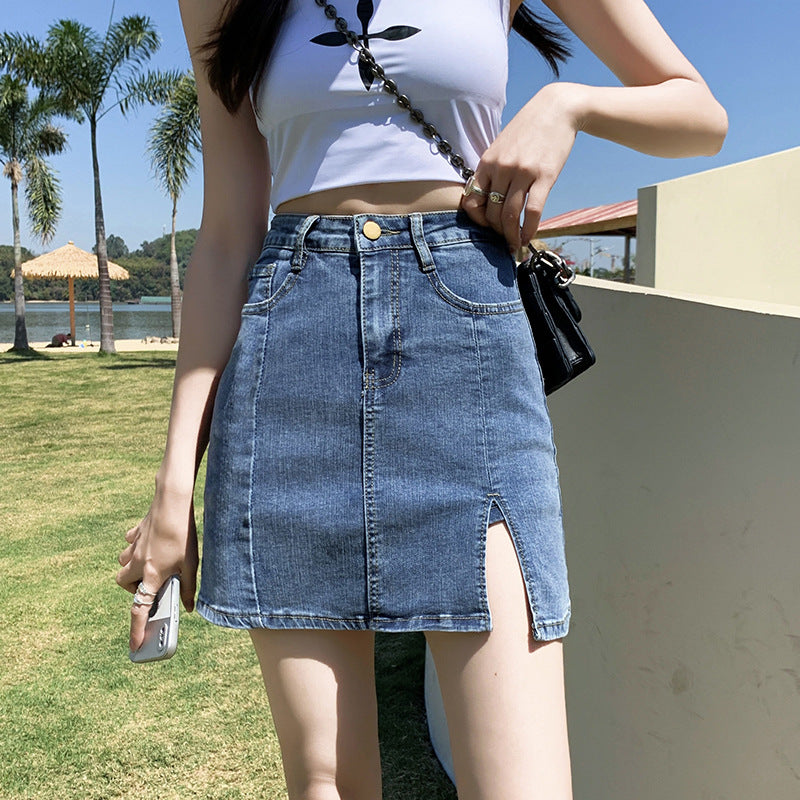Women's High-Waisted Split Denim Skirt