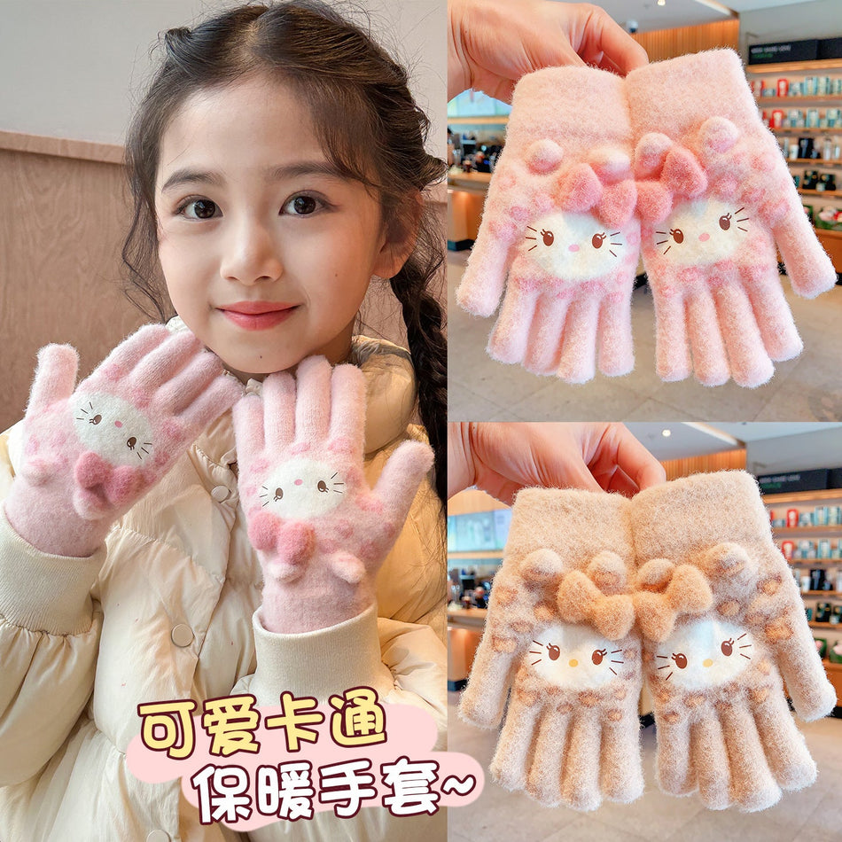 Girls Winter Five Finger Kitty Cat Thickened Gloves Kids For