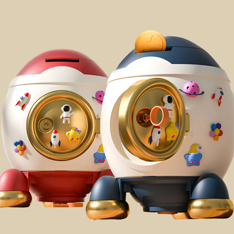 Rocket-Shaped Cartoon Piggy Bank with Lock