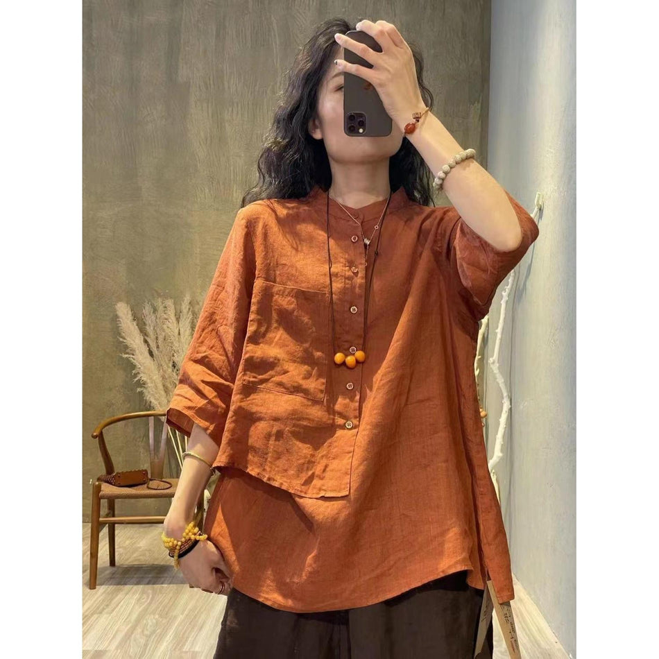 STOCK-Retro Cotton & Linen Three-Quarter Sleeve Shirt for Women
