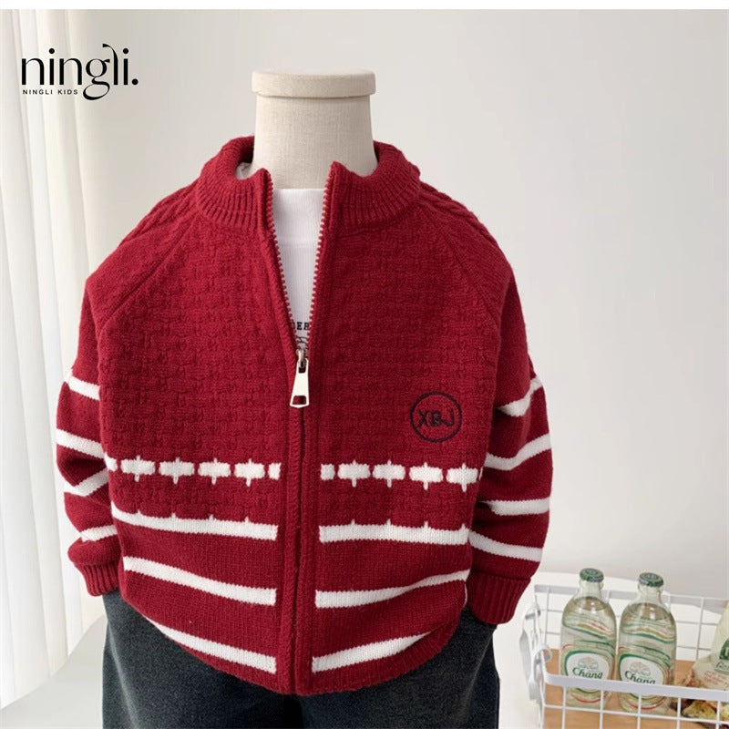 Boys’ Red Zipper Sweater Cardigan New Year Outfit