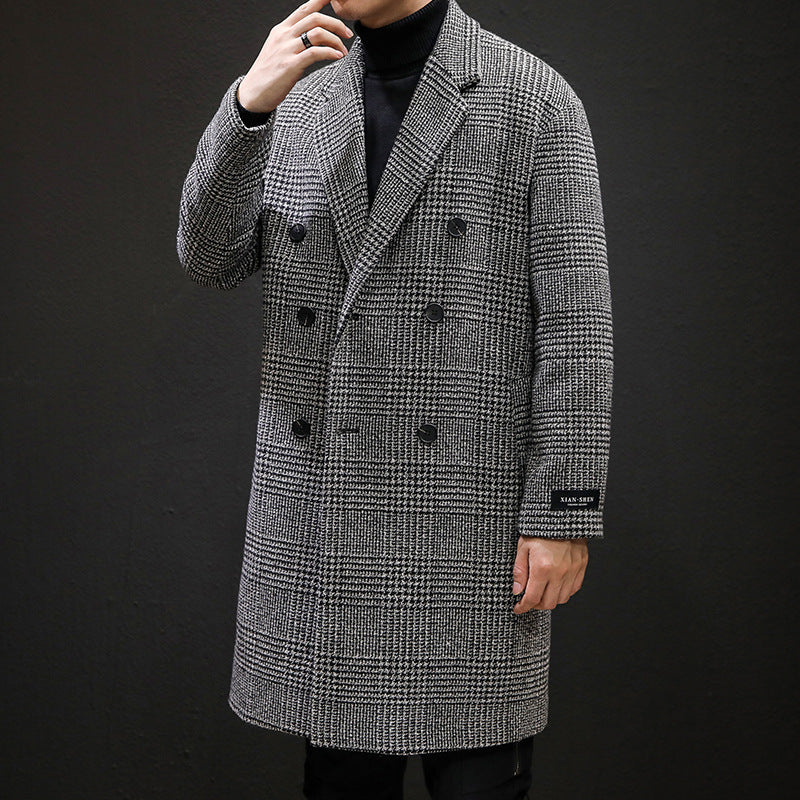 Men's Autumn-Winter Japanese Plaid Mid-Length Woolen Trench Coat