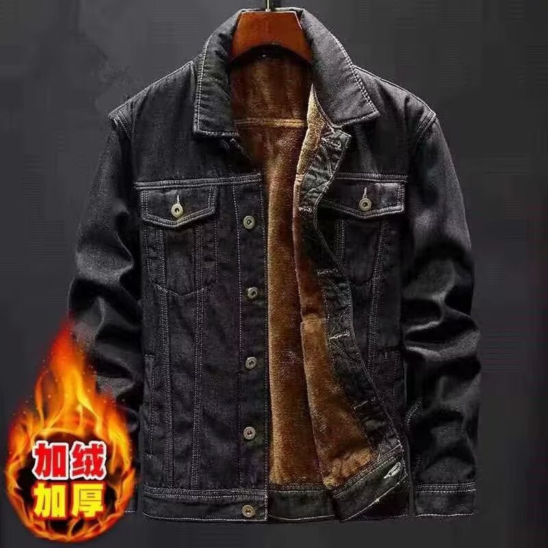 Men's Autumn-Winter Black Fleece-Lined Slim Denim Jacket