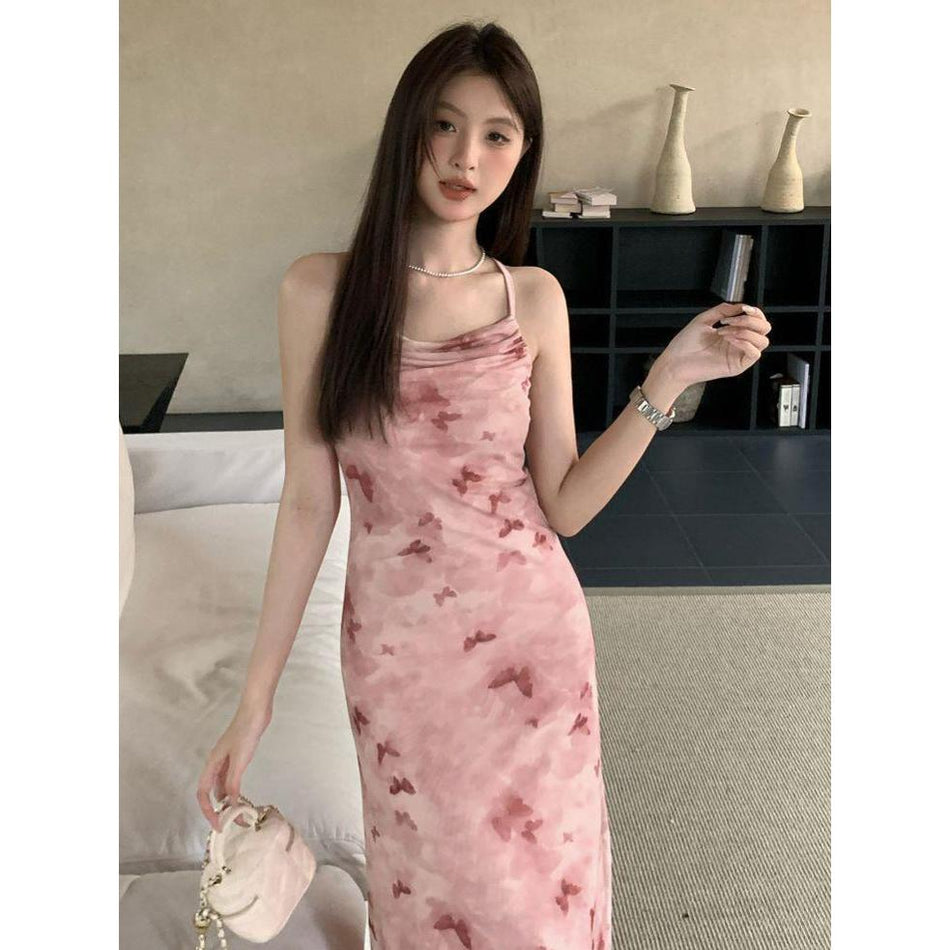 French Ruffled Butterfly Print Mesh Dress