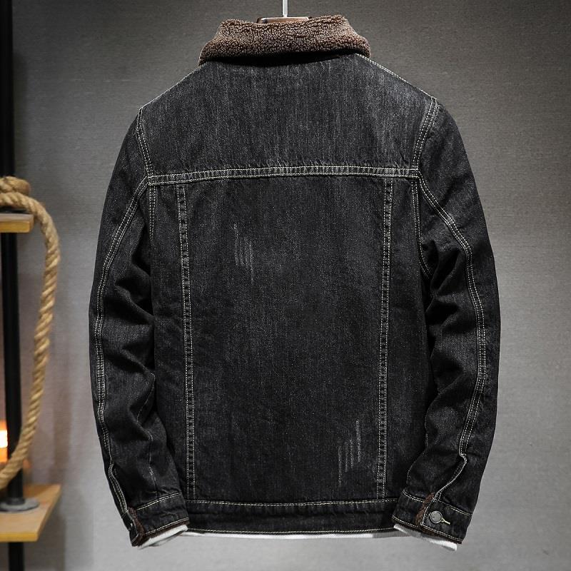 Men’s Black Denim Jacket | Fleece-Lined Wool Collar Thick Winter