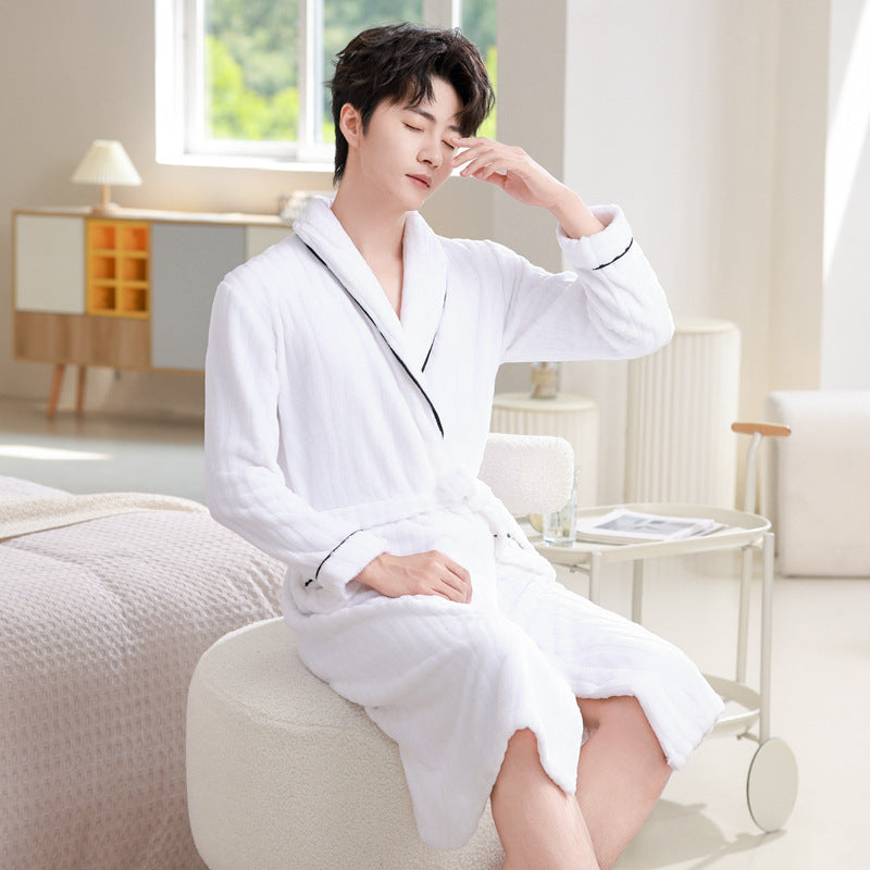 Men’s Coral Fleece Bathrobe – Mid-Length Autumn Winter Robe