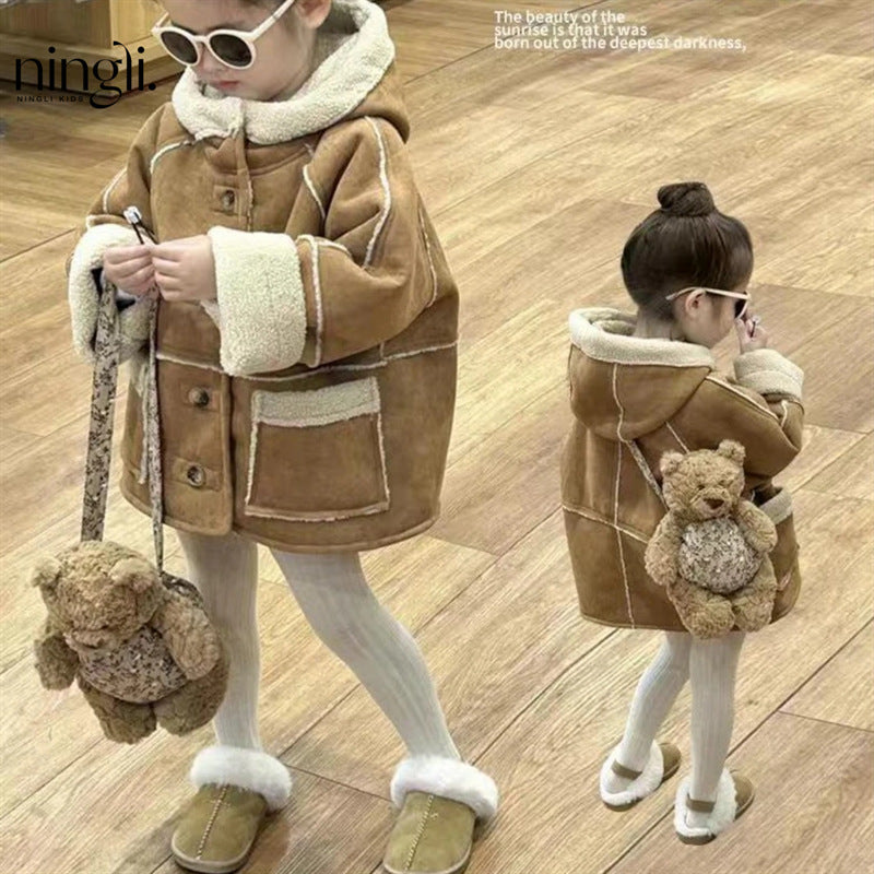 Girls’ Korean-Style Lamb Suede Coat – Winter 2025