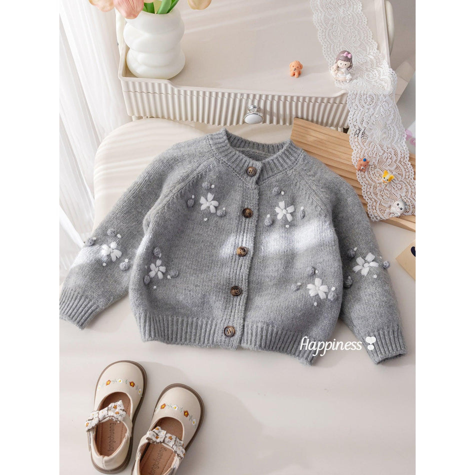 Girls Autumn Winter Knitted Cardigan Sweet Flower Jacket Top