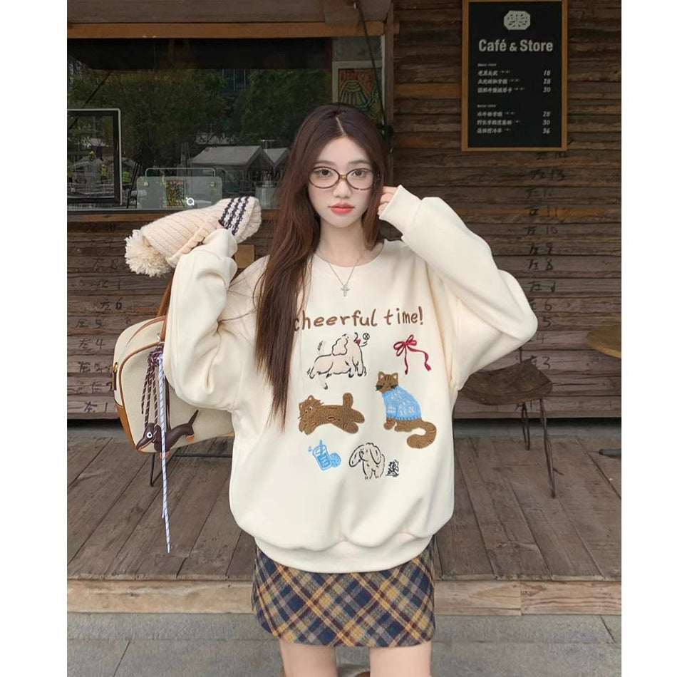 Korean Embroidered Hooded Round Neck Pullover Sweatshirt Top
