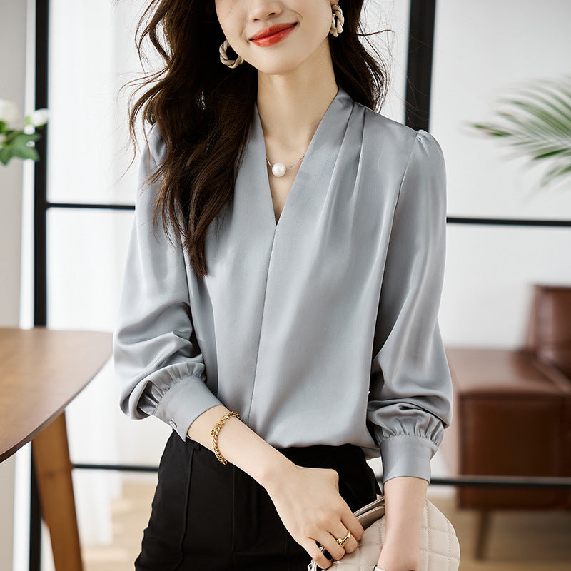 Elegant V Neck Acetate Satin Chiffon Work Shirt Women
