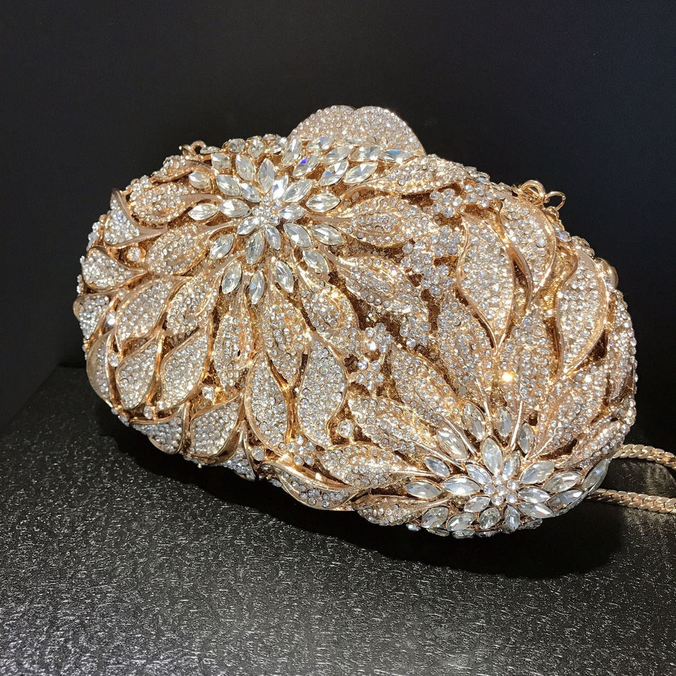 INSTOCK-Leaf Diamond Box Clutch – Hollow Metal Handbag