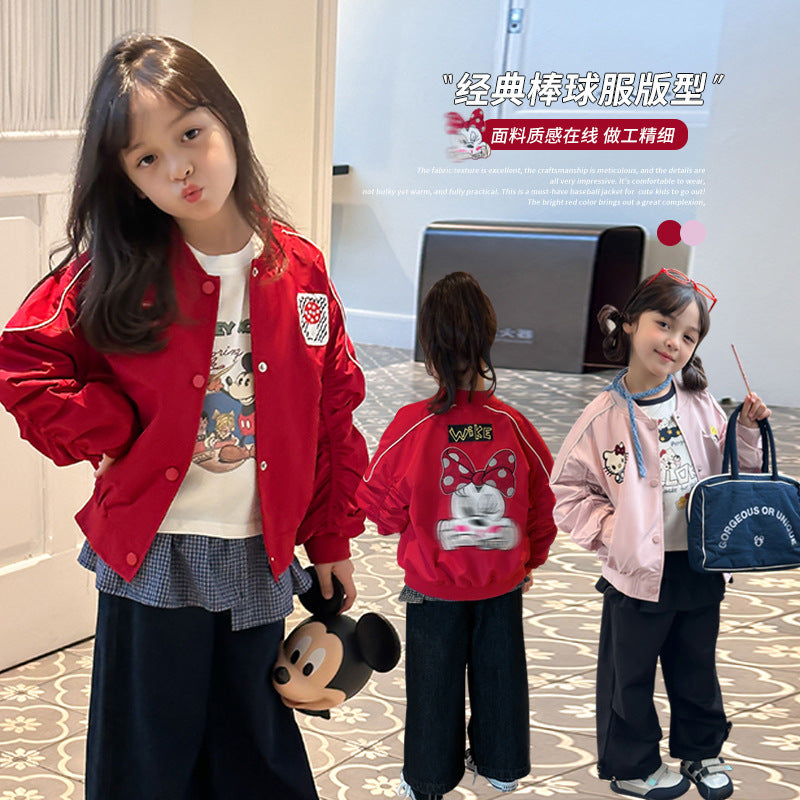 INSTOCK-Girls’ Cartoon Baseball Jacket 2025 Korean Style