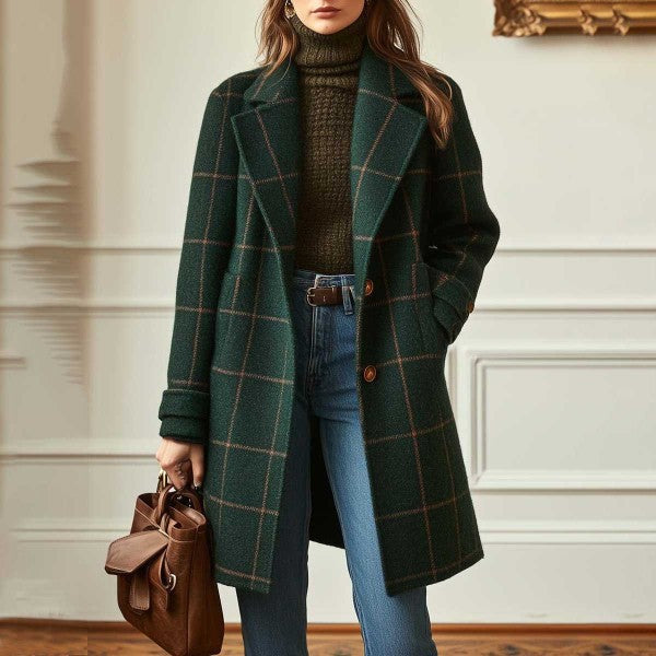 Retro Plaid Mid-Length Woolen Coat for Women