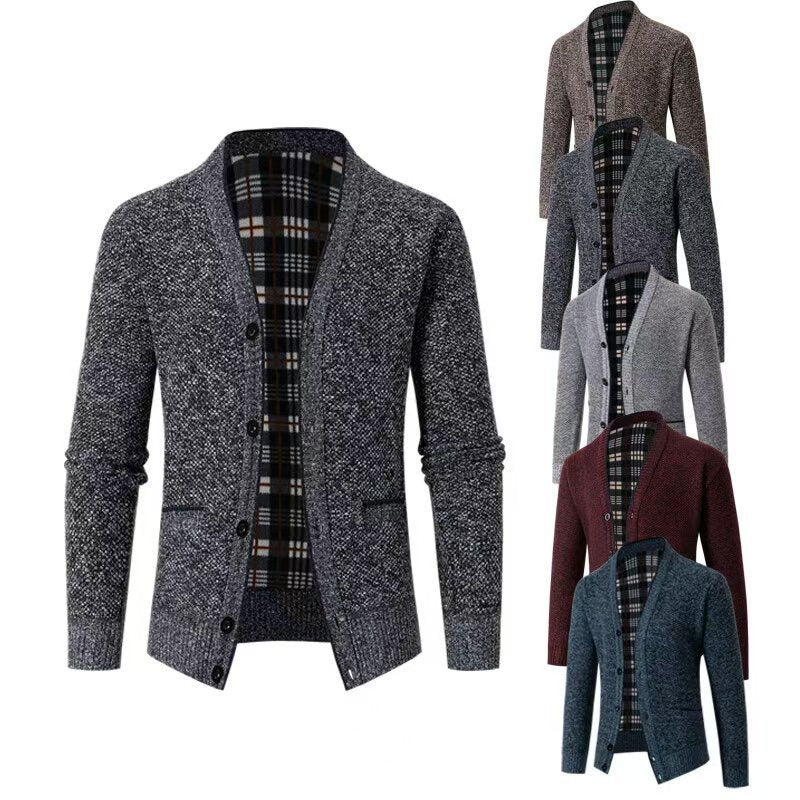 Knitted Cardigan Men's Velvet Thickened V Neck Slim Jacket