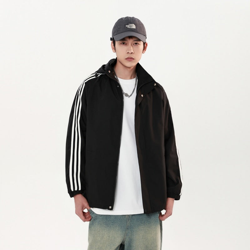 Men’s Three-Bar Hooded Windbreaker Jacket