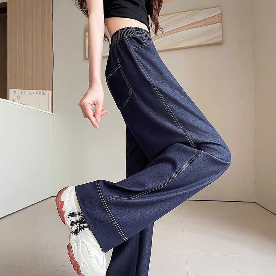 Dark Blue Curved High-Waist Wide-Leg