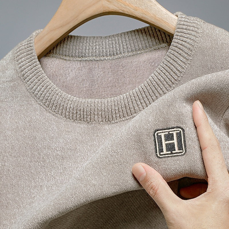 STOCK-Men’s Velvet Knit Sweater Warm Chenille Round-Neck Pullover