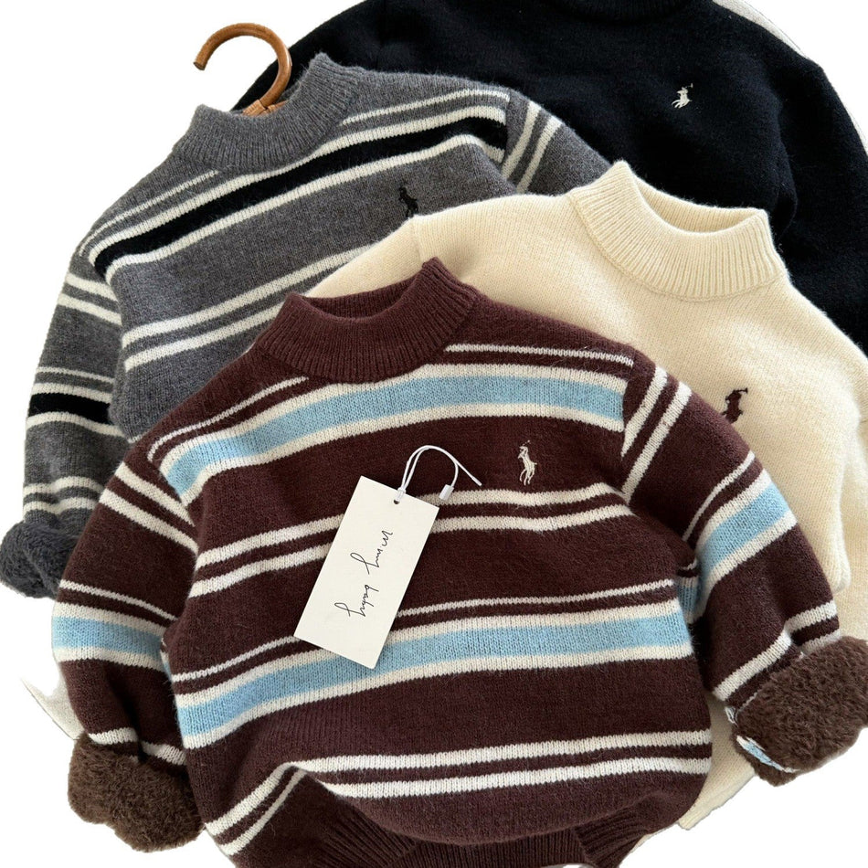 Boys Fleece Knit Pullover Striped Embroidered Winter Wear
