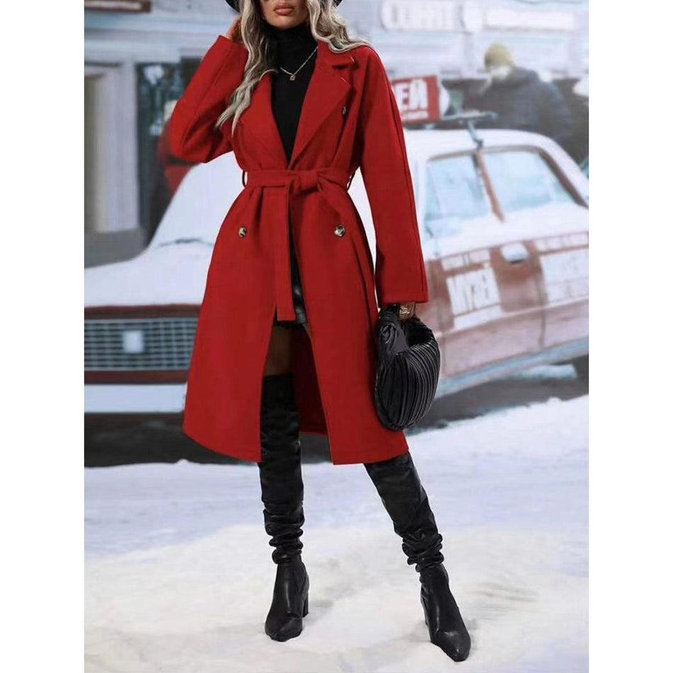 2026 Women’s Solid Color Double-Breasted Long Trench Coat with