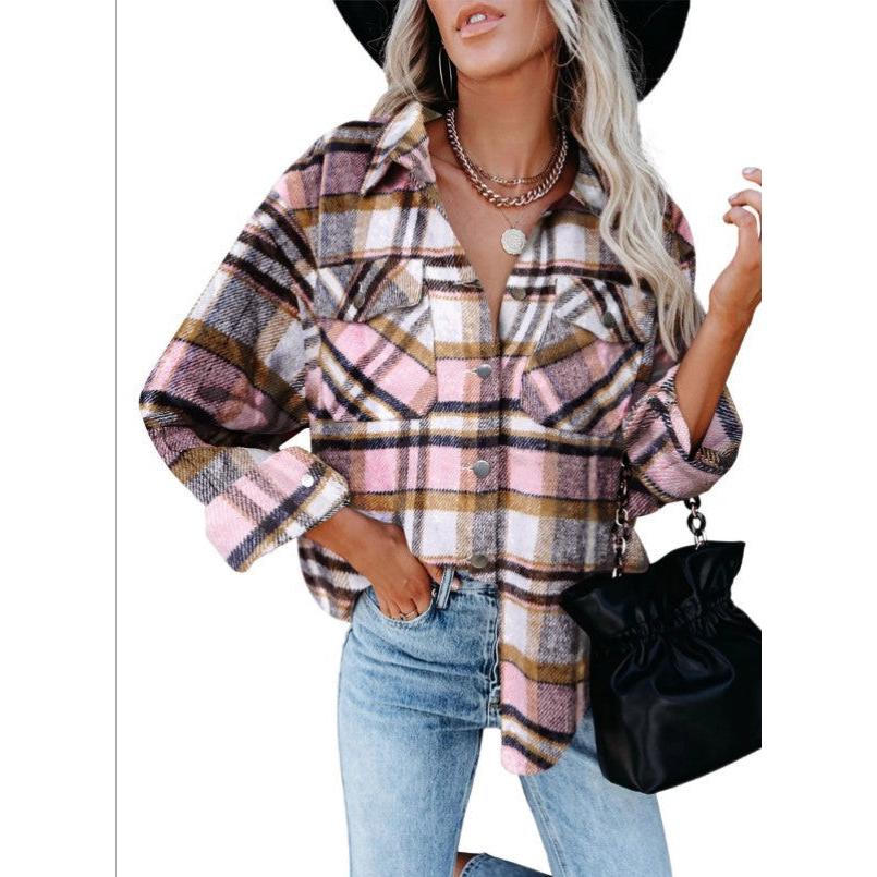 Autumn Winter Plaid Woolen Flannel Shirt Coat Up