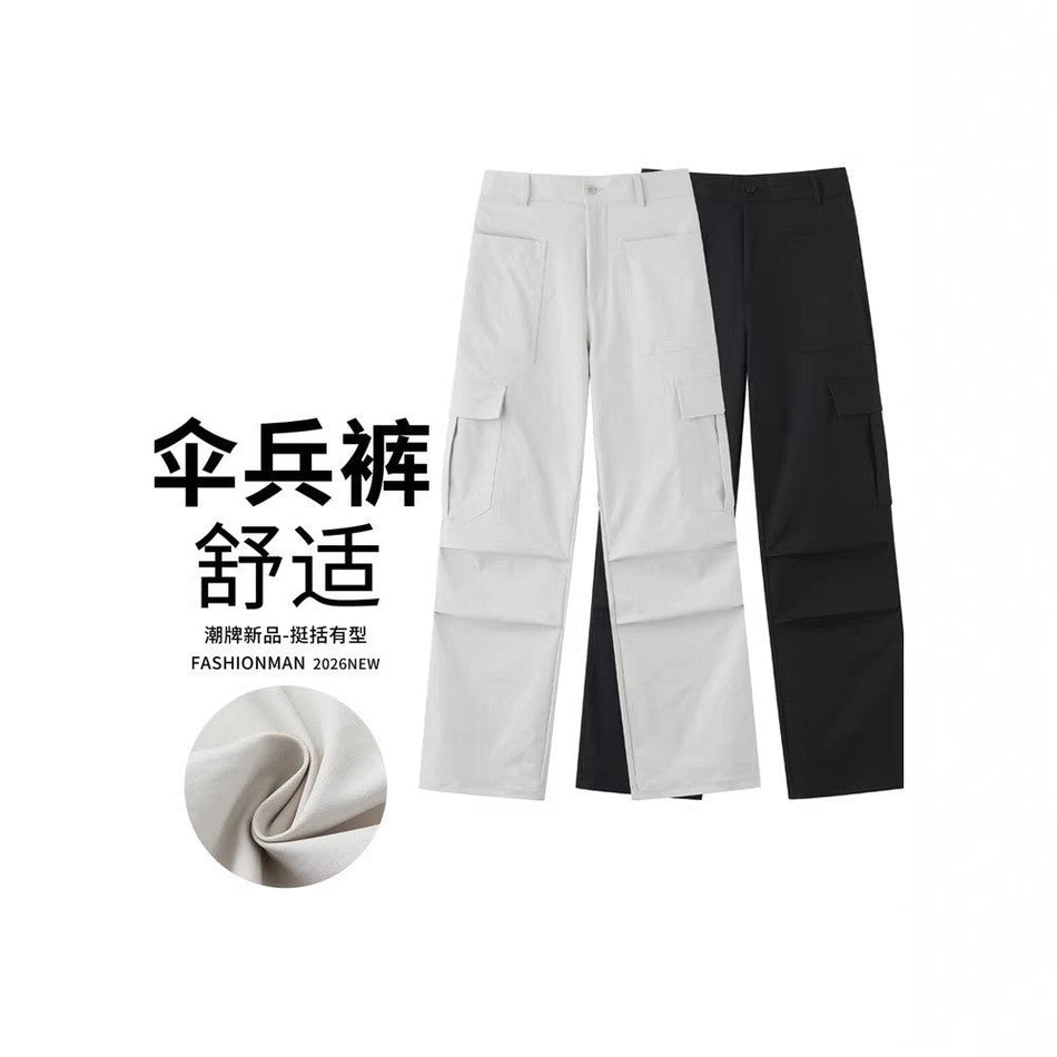 Beige Multi-Pocket American Style Casual Pants