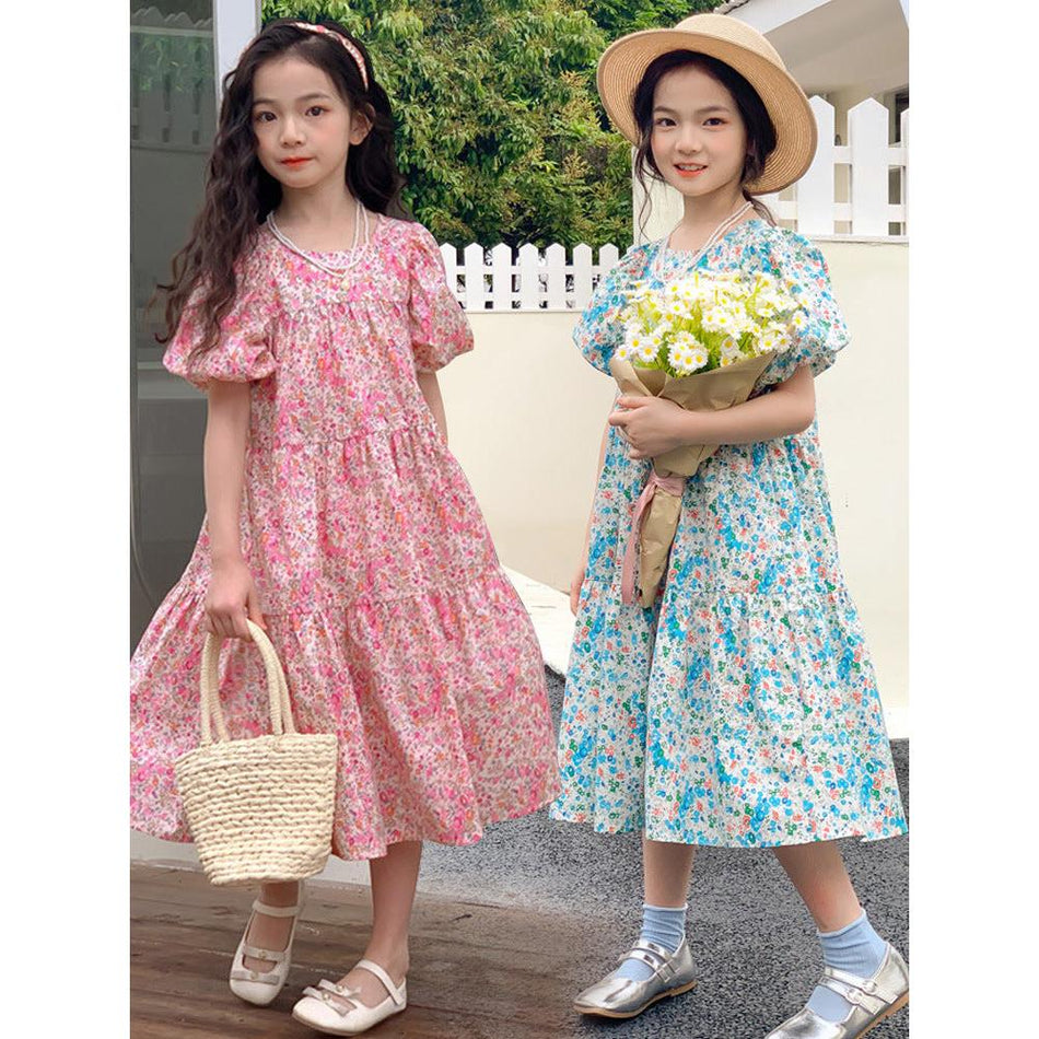 Girl’s Floral Dress Summer 2023 Puff Sleeve Mid-Length Cake Dress
