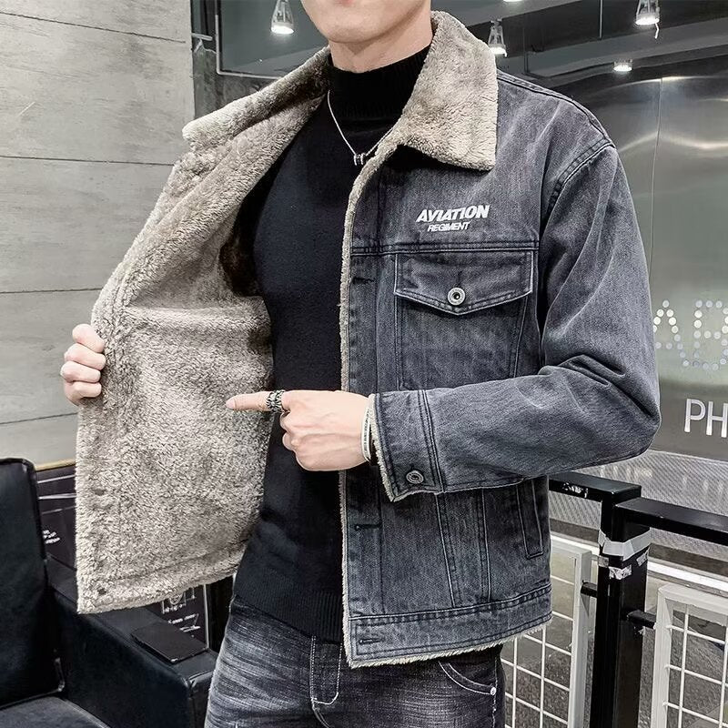Men’s Denim Fleece-Lined Thickened Jacket Autumn Winter