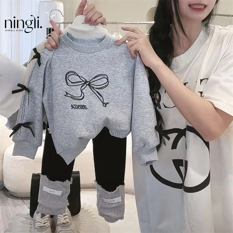 STOCK-Girls’ Autumn Bow Sweatshirt 2025 Casual Top