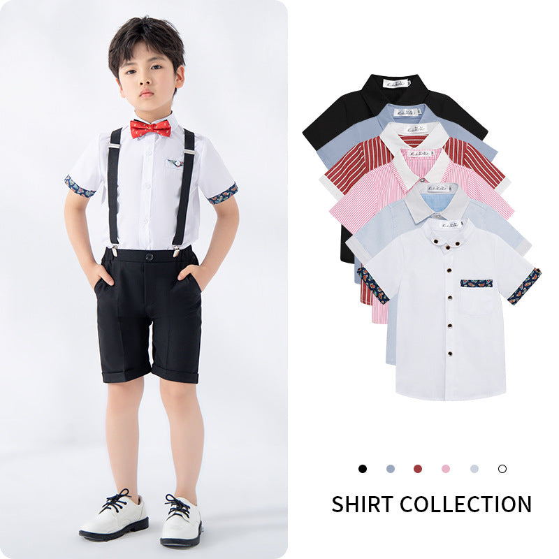 Boys White Lapel Short Sleeve Shirt Korean Style Summer