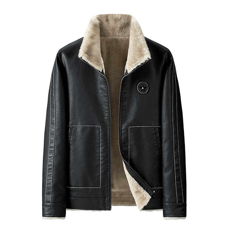 STOCK-Men’s Casual Leather Jacket Autumn Winter Fleece Coat