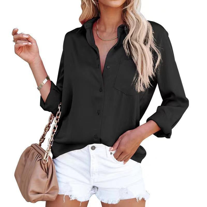 Satin V Neck Long Sleeve Office Shirt Women